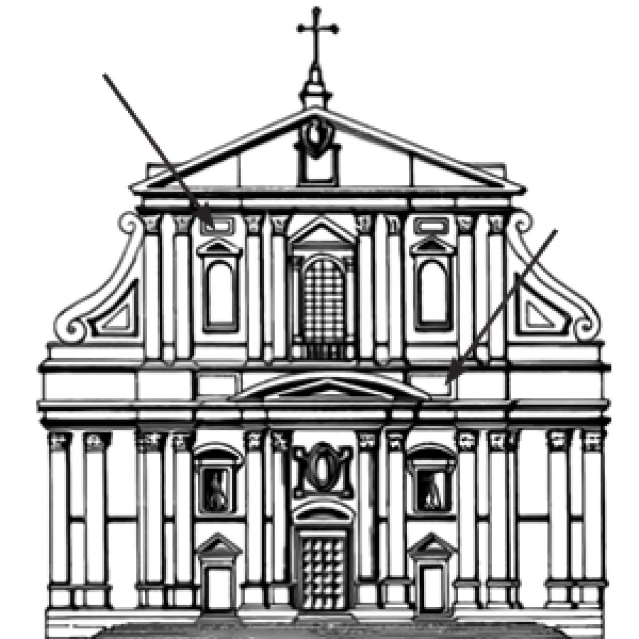Рисунок стиль здания. Фасад церкви Иль Джезу в Риме. Церковь Иль Джезу в Риме план. Церковь Иль Джезу в Риме. Церковь Иль Джезу Барокко.