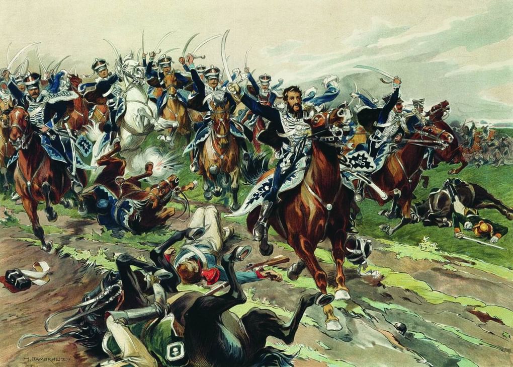 Н. Самокиш. Атака гусар Кульнева у Клястиц 20 июля 1812 года. 1900-е