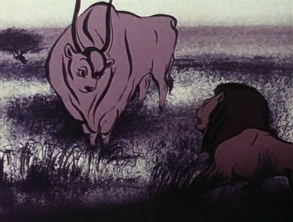 Кадр из мультфильма «Лев и бык»