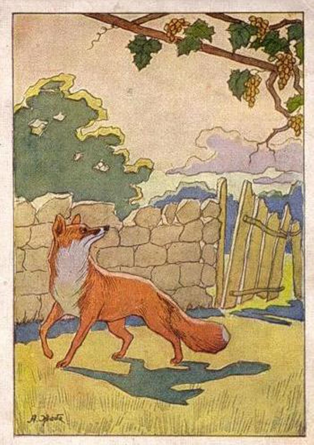 Иллюстрация к басне Крылова «Лисица и виноград»