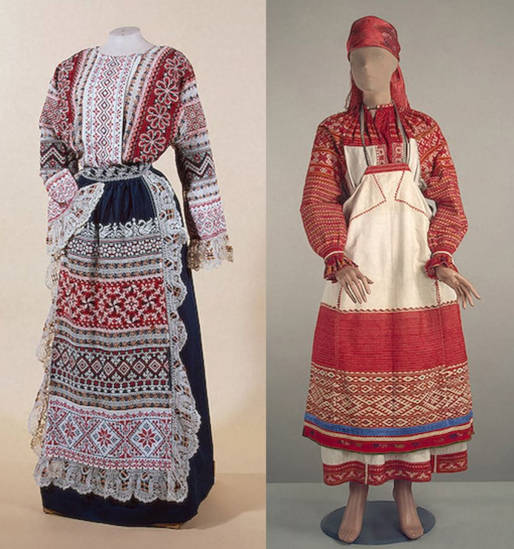 Женский городской костюм в народном стиле: кофта, передник. Россия, конец XIX века
