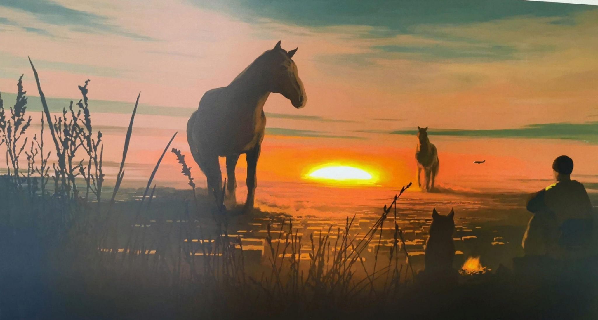 Опустился вечер слушать. Цифровая живопись Алексея Андреева. Лошадь на фоне заката. Казак на закате. Конь на закате.