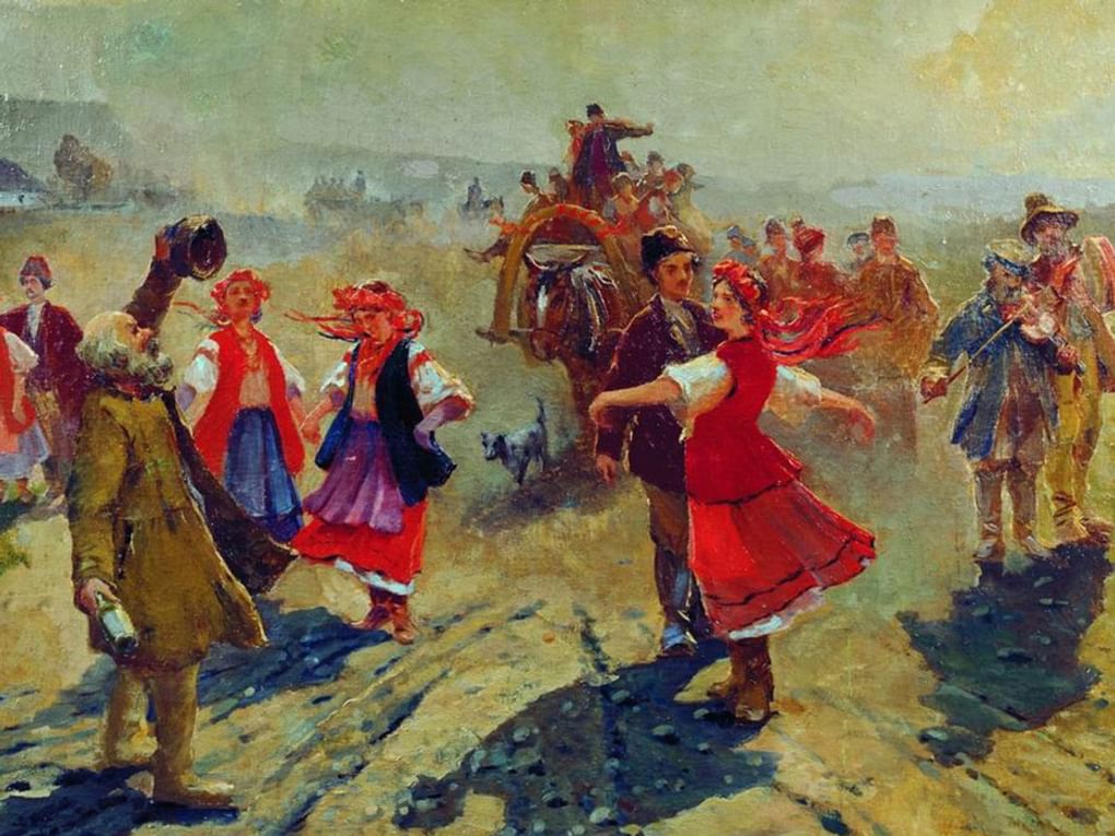 Владимир Маковский. Свадебный поезд в Орловской губернии (фрагмент). 1888. Плесский государственный историко-архитектурный и художественный музей-заповедник, Плес, Ивановская область