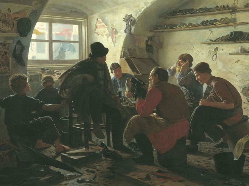 Яков Башилов. В мастерской сапожника (фрагмент). 1871. Частное собрание