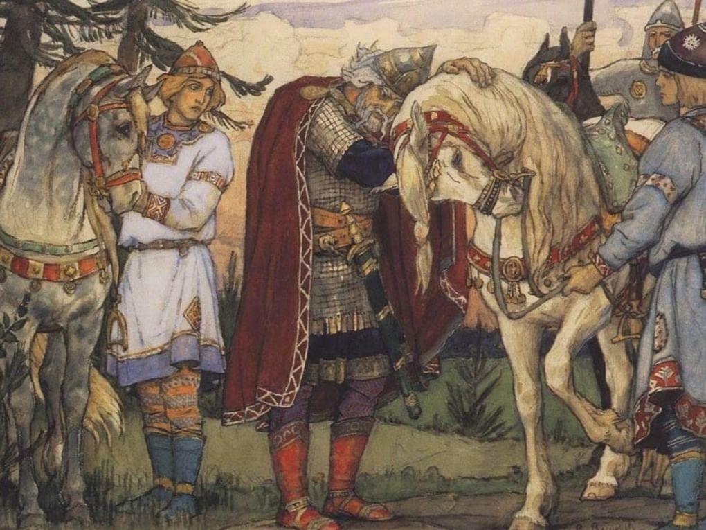 Виктор Васнецов. Прощание Олега с конем (фрагмент). Иллюстрация к балладе Александра Пушкина «Песнь о вещем Олеге». 1899. Государственный музей истории российской литературы имени В.И. Даля (Государственный литературный музей), Москва