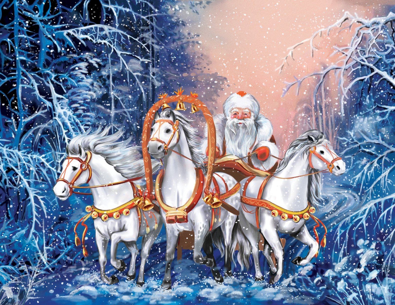 Писатели новым годом. Дед Мороз на тройке лошадей. Новогодние картины. Новогодняя тройка.