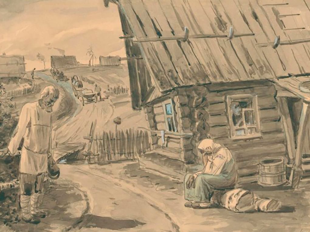 Виктор Агевин. После оброка. Иллюстрация к повести Александра Пушкина «История села Горюхина» (фрагмент). Государственный литературно-мемориальный и природный музей-заповедник А.С. Пушкина «Болдино», село Большое Болдино, Нижегородская область
