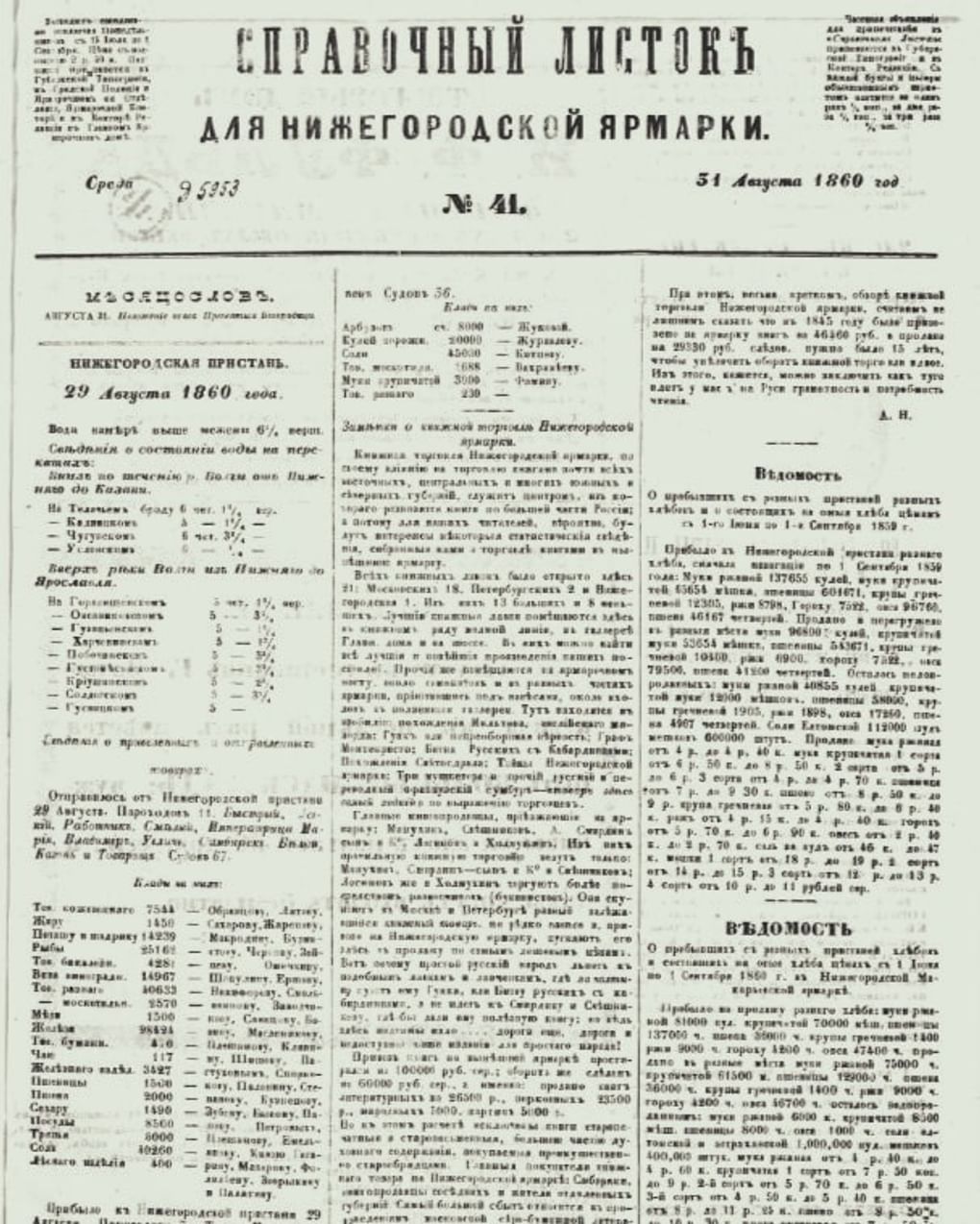 Справочный листок для Нижегородской ярмарки №41. 31 августа 1860. Российская национальная библиотека, Санкт-Петербург