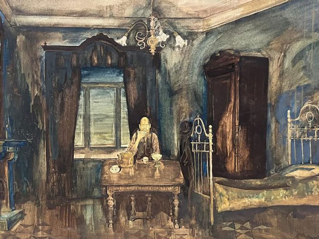 Вадим Кислых. Чаепитие. Эскиз к художественному фильму Александра Файнциммера «Трактир на Пятницкой» (фрагмент). 1977. Государственный центральный музей кино, Москва