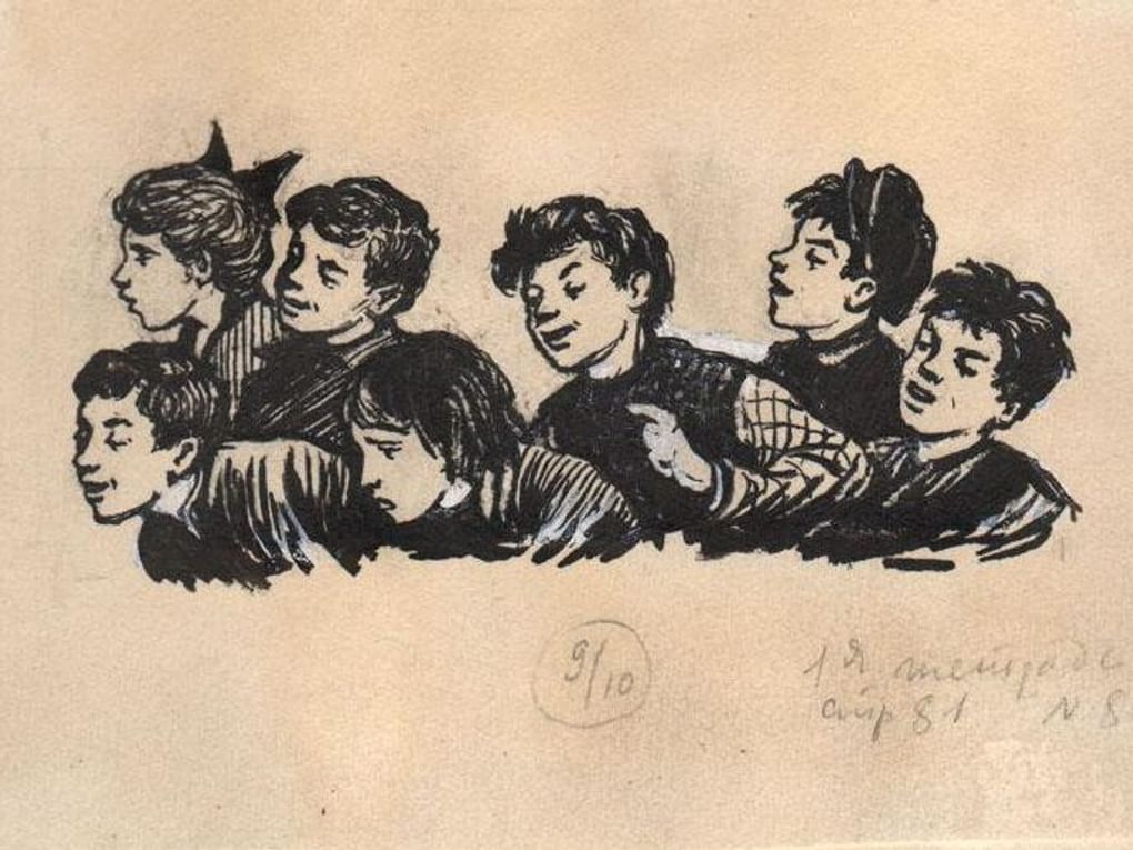 Наталья Гумилева-Симоновская. Детвора. Иллюстрация к роману Николая Огнева «Дневник Кости Рябцева». 1960-е. Государственный литературно-мемориальный музей Анны Ахматовой в Фонтанном Доме, Санкт-Петербург