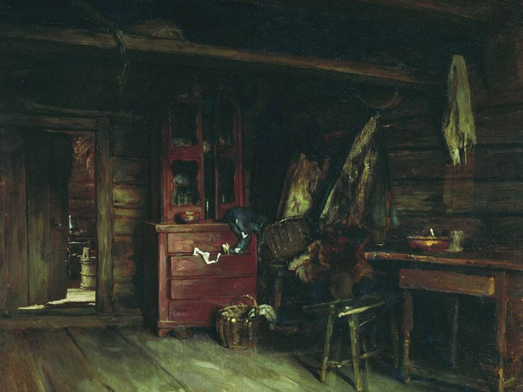 Василий Максимов. Внутренний вид избы (фрагмент). 1869. Частное собрание