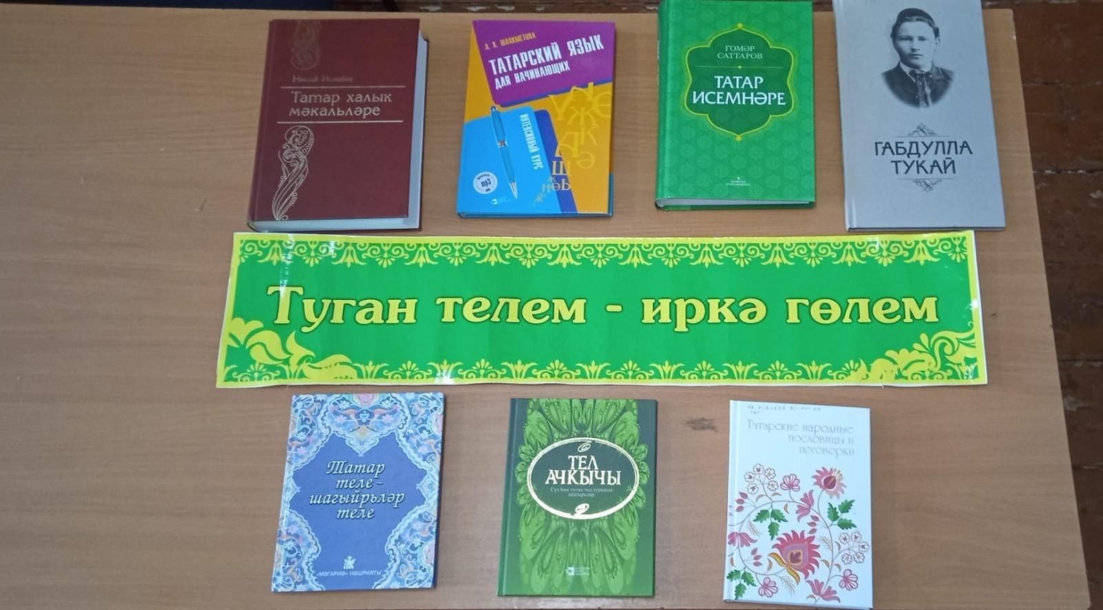 Выставки на татарском языке в библиотеке. Ко Дню родного языка на татрскомкнижные выставки книжные выставки. День родного языка акция в библиотеке. Выставка книг на татарском языке.