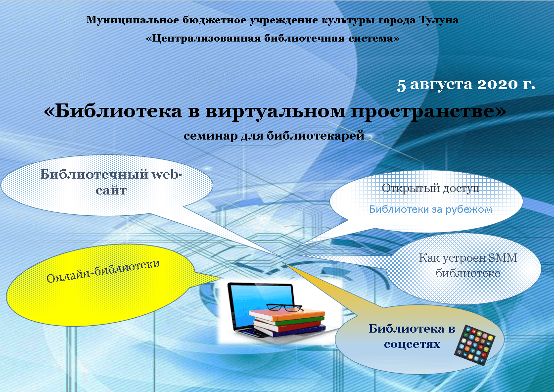 Культура и виртуальное пространство. Виртуальное пространство библиотеки. Веб сайт библиотеки. План семинара библиотекарей. Примеры виртуальных библиотек.