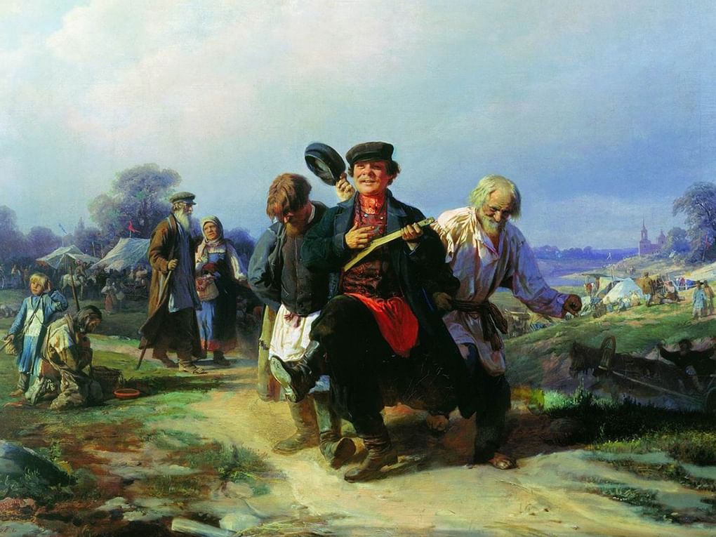 Алексей Корзухин. Возвращение с сельской ярмарки (фрагмент). 1868. Государственная Третьяковская галерея, Москва