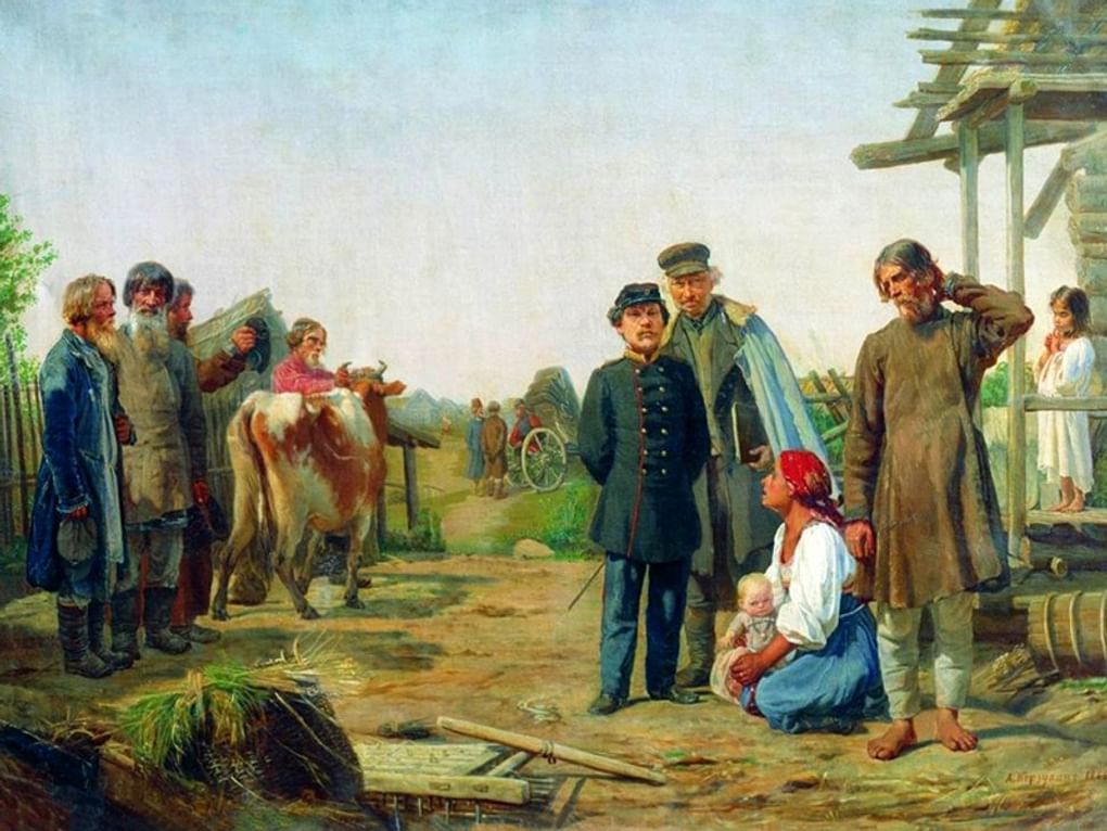 Алексей Корзухин. Сбор недоимок (фрагмент). 1868. Государственный музей истории религии, Москва