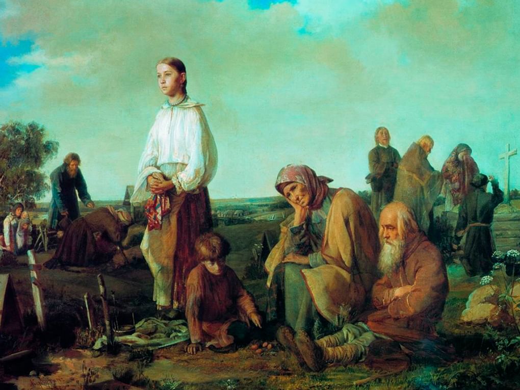 Алексей Корзухин. Поминки на кладбище (фрагмент). 1865. Государственный Русский музей, Санкт-Петербург