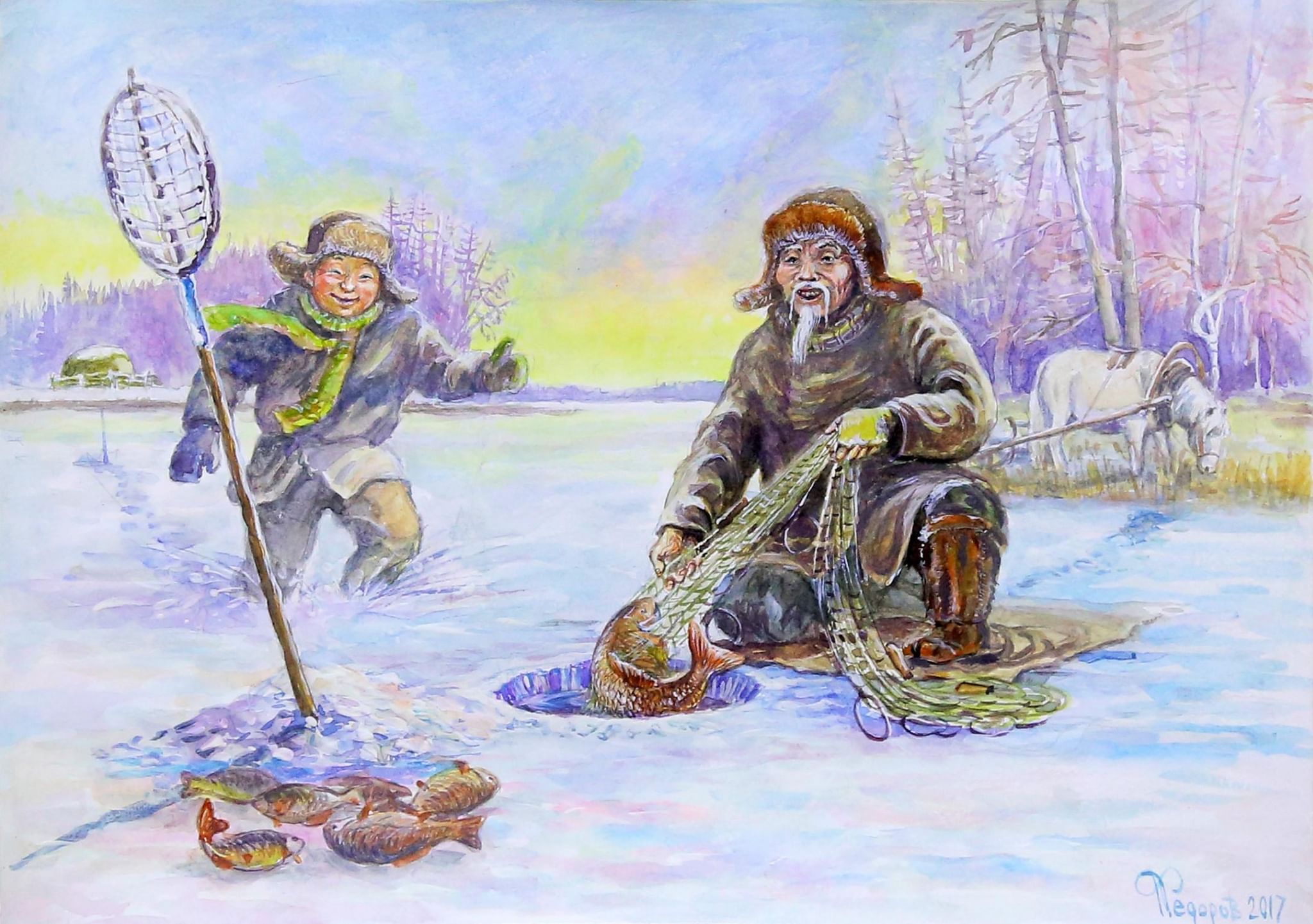 Дед на зимней рыбалке