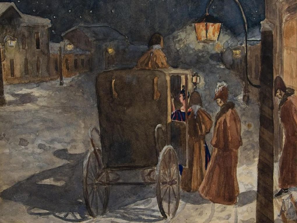 Александр Бенуа. Герман у подъезда графини (фрагмент). Иллюстрация к III главе драмы Александра Пушкина «Пиковая дама». 1910. Самарский областной художественный музей, Самара