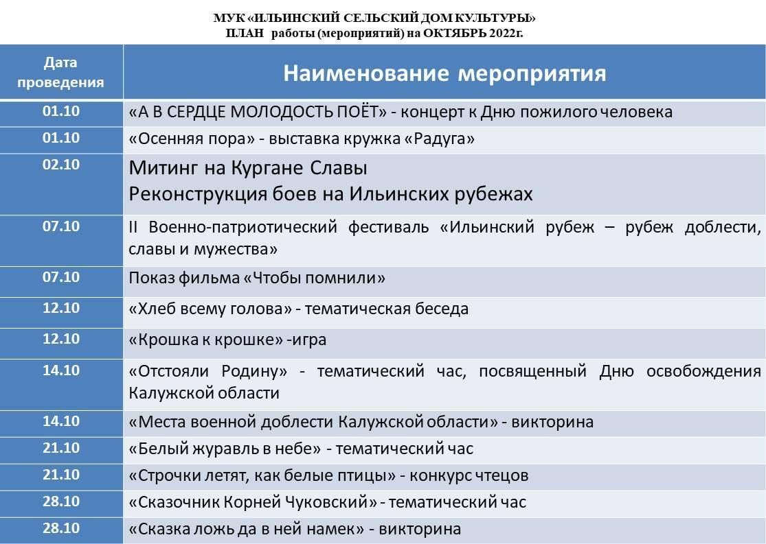 План мероприятий на октябрь 2021 год в сельском доме культуры