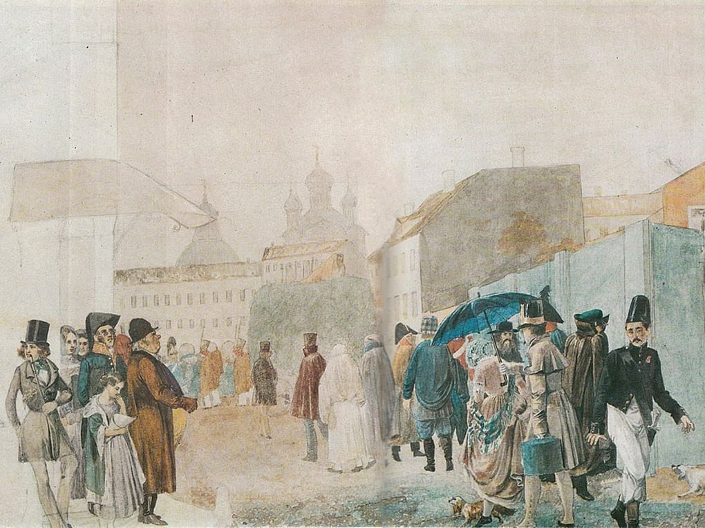 Павел Федотов. Уличная сцена в Москве во время дождя (фрагмент). 1837. Государственная Третьяковская галерея, Москва