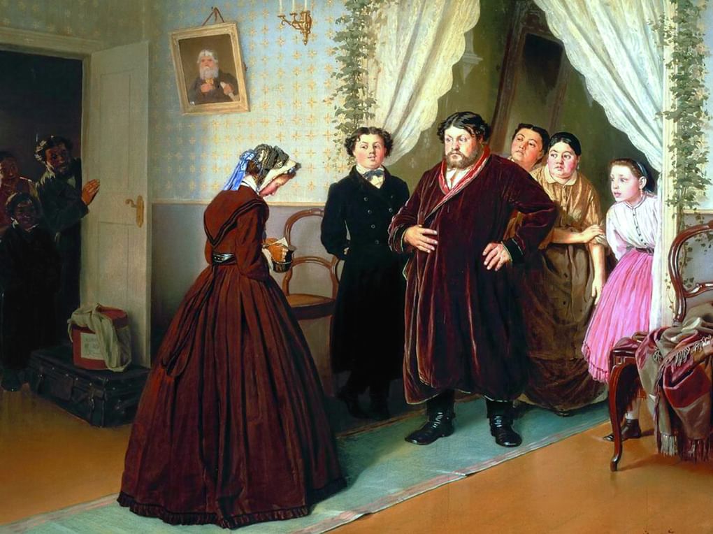 Василий Перов. Приезд гувернантки в купеческий дом (фрагмент). 1866. Государственная Третьяковская галерея, Москва