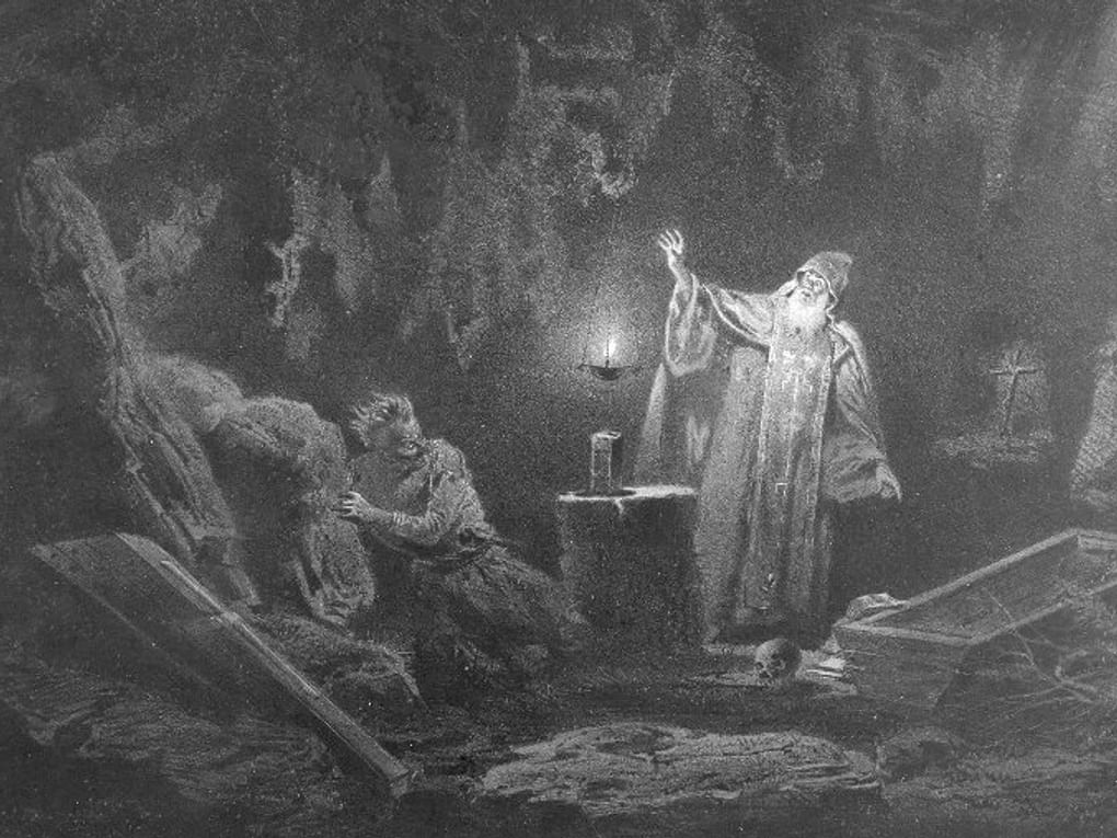 Владимир Маковский. «Нет, неслыханный грешник!..» (фрагмент). Иллюстрация к повести Николая Гоголя «Страшная месть». Из альбома литографий к книге Николая Гоголя «Вечера на хуторе близ Диканьки». 1874. Дом Николая Гоголя, Москва
