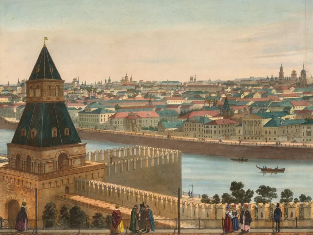 Дмитрий Индейцев. Вид части города, снятый с Кремлевской стены. Видна Тайницкая башня. Лист №4 из альбома «Панорама Кремля и Замоскворечья от Тайницкой башни». 1848. Президентская библиотека им. Б.Н. Ельцина, Санкт-Петербург