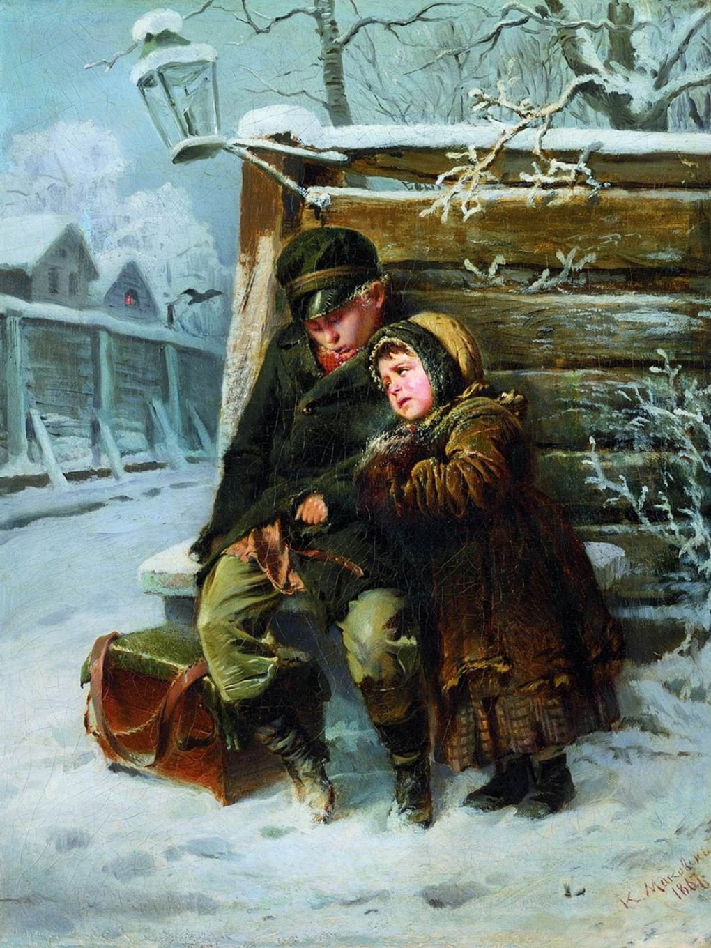 Константин Маковский. Маленькие шарманщики у забора зимой (фрагмент). 1868. Государственный Русский музей, Санкт-Петербург