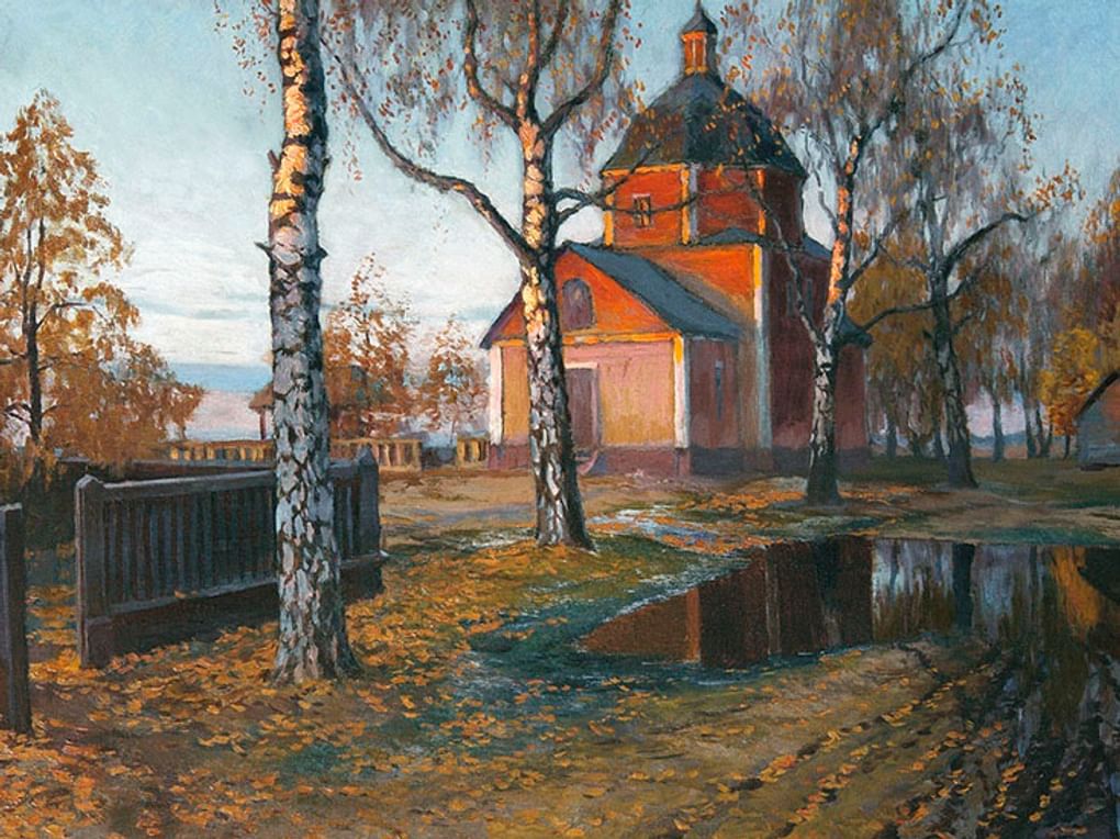 Михаил Гермашев. Пейзаж с церковью (фрагмент). XIX век. Частное собрание