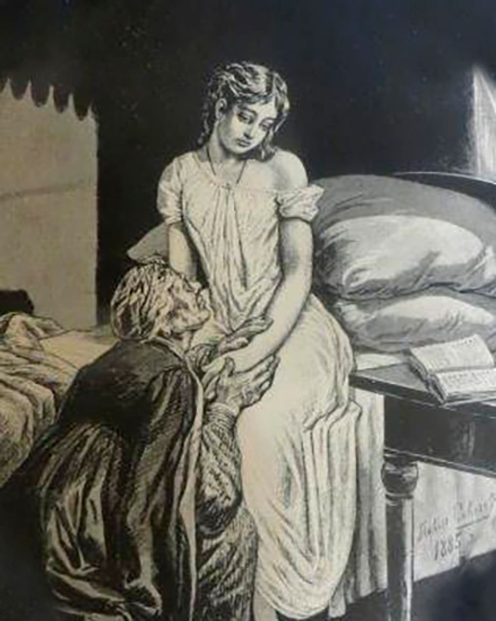 Павел Соколов. Татьяна и няня. Иллюстрация к роману в стихах Александра Пушкина «Евгений Онегин» (фрагмент). 1885. Государственный музей истории российской литературы им. В.И. Даля, Москва