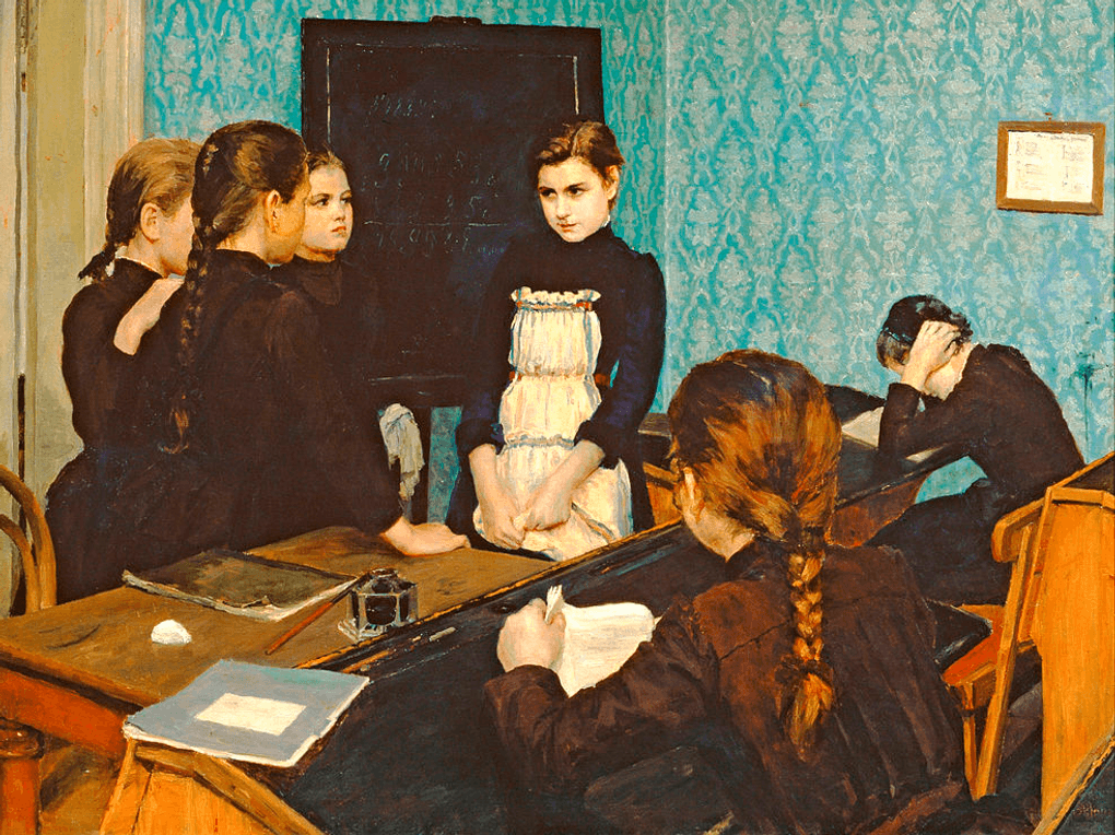 Эмилия Шанкс. Новенькая в школе (фрагмент). 1892. Государственная Третьяковская галерея, Москва
