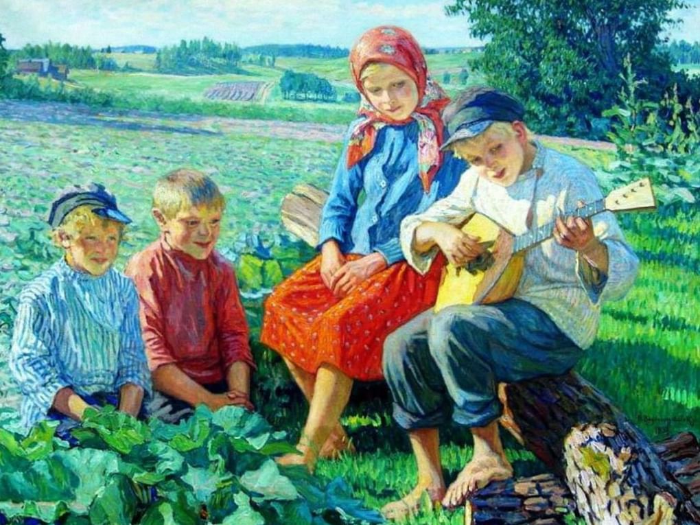 Николай Богданов-Бельский. Маленький концерт с балалайкой (Дети. Игра на балалайке). 1937. Частное собрание