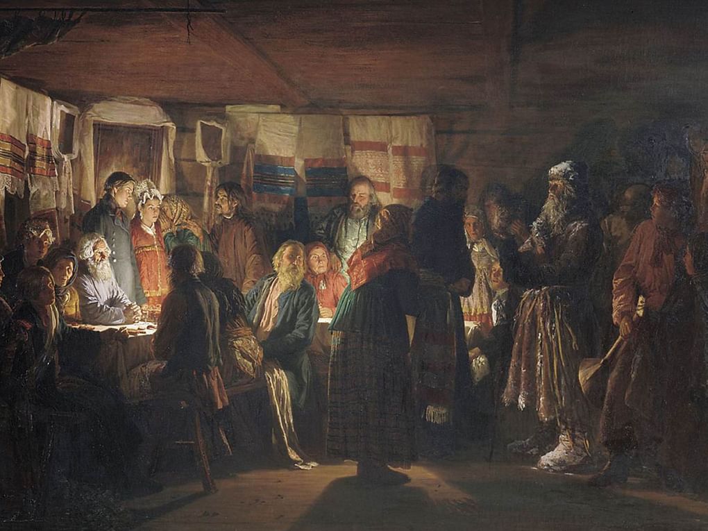 Василий Максимов. Приход колдуна на крестьянскую свадьбу (фрагмент). 1875. Государственная Третьяковская галерея, Москва