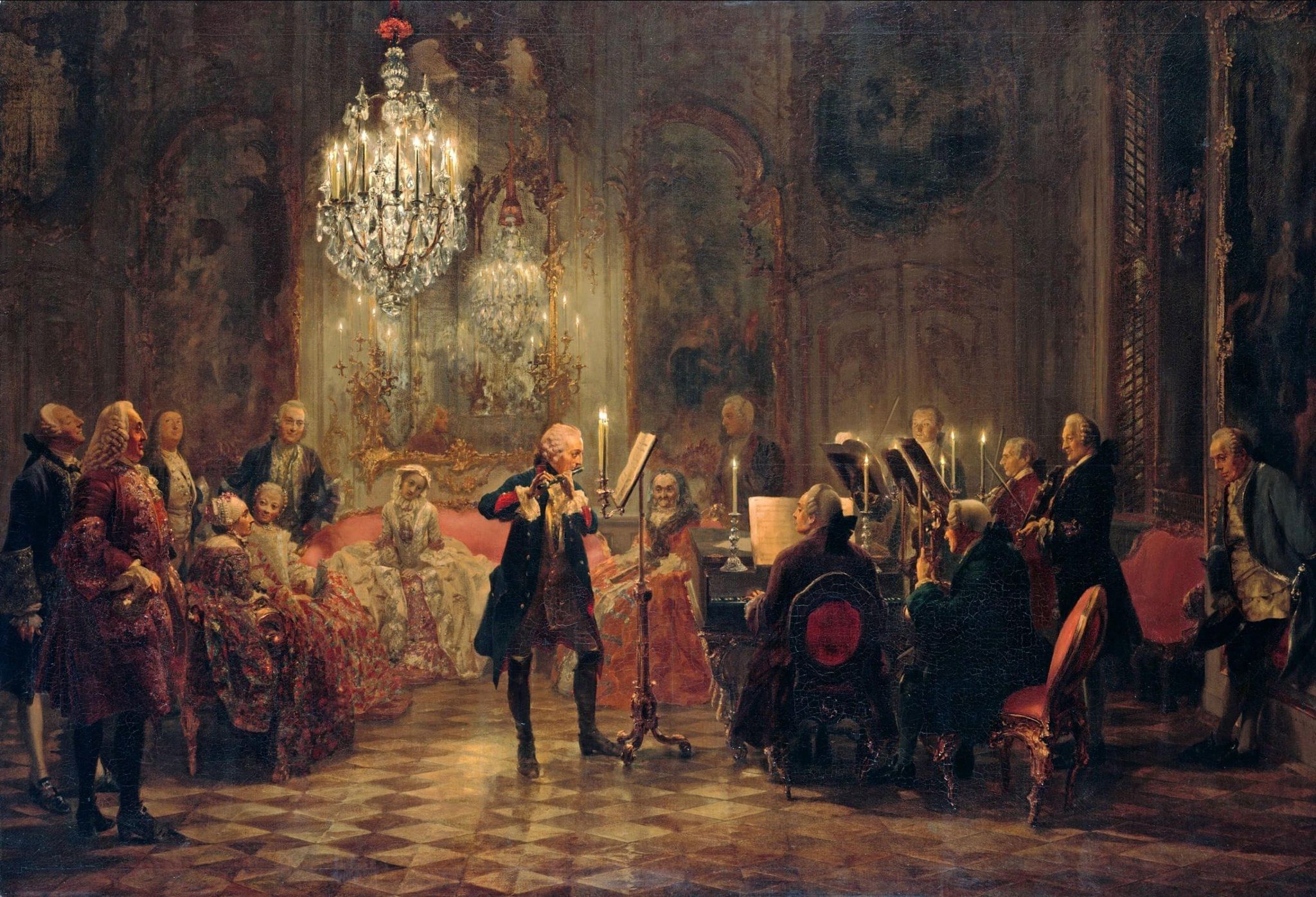 Первая половина вечера. Картина Адольфа Менцеля концерт. Концерт для флейты Фридриха Великого в Сан-Суси.