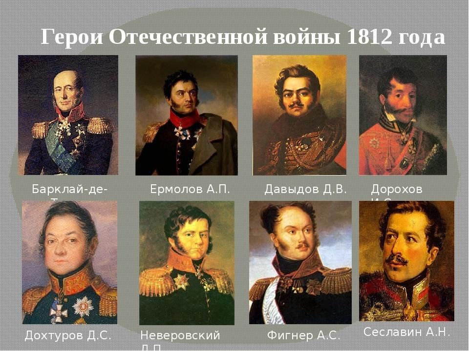 Какой полководец командовал русскими войсками 4 класс. Героеотечественной войны 1812. Герои Отечественной войны 1812. Прославленные герои Отечественной войны 1812 года. Великие люди 1812 года.