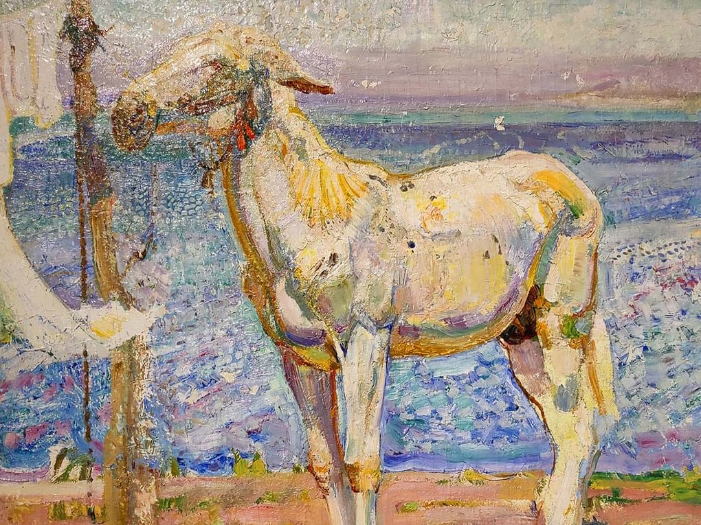 Александр Савинов. Белый мул на фоне моря (фрагмент). 1909. Научно-исследовательский музей при Российской академии художеств, Санкт-Петербург