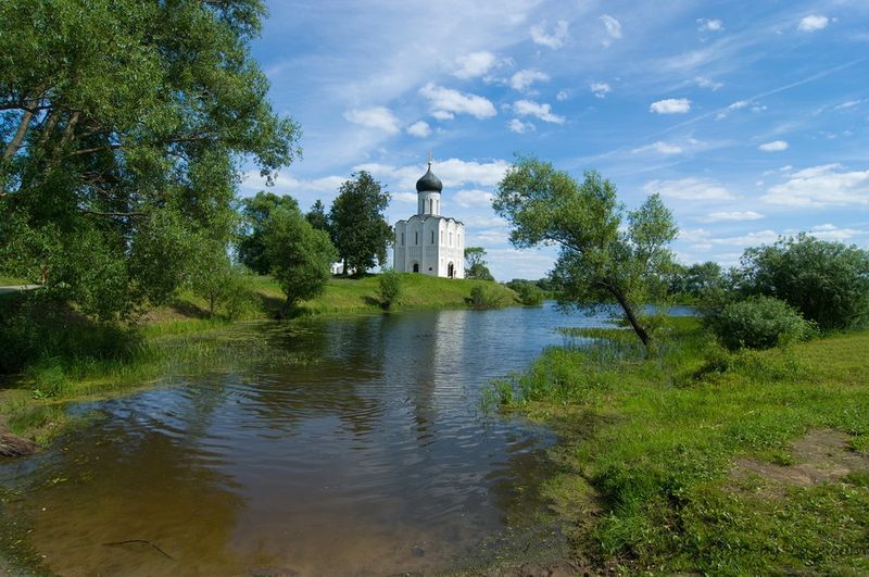 Храм Покрова на Нерли. Березы, храм, река. Церковь на реке.