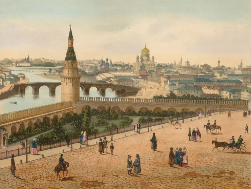Дмитрий Индейцев. Церковь Христа Спасителя видна с Кремля. Лист №8 из альбома «Панорама Кремля и Замоскворечья от Тайницкой башни». 1848. Президентская библиотека им. Б.Н. Ельцина, Санкт-Петербург