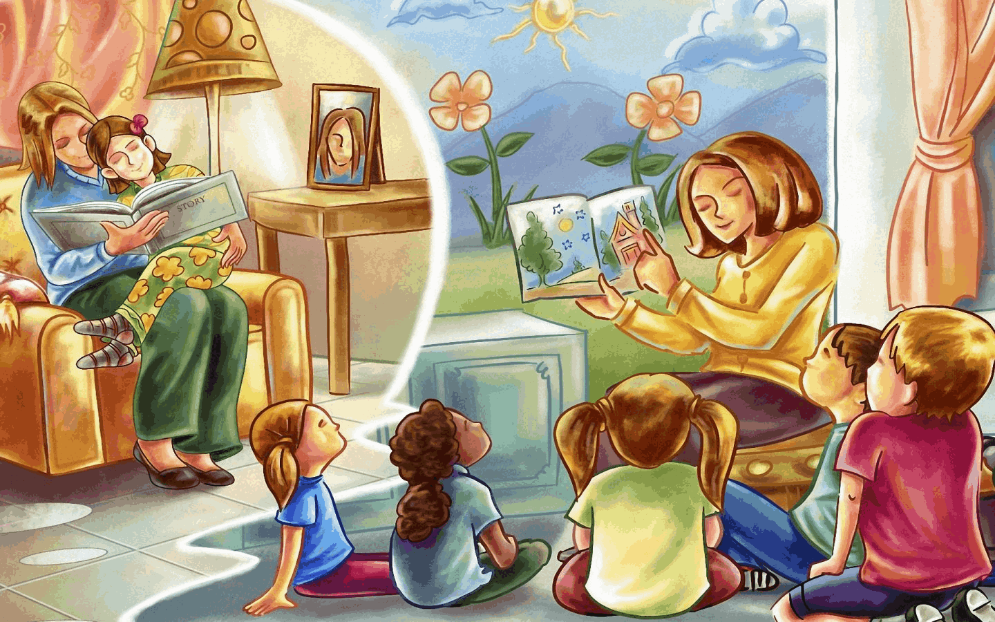Книга в кругу семьи. Дети иллюстрация. Чтение иллюстрация. Воспитатель родитель ребенок. Сказкотерапия для дошкольников.