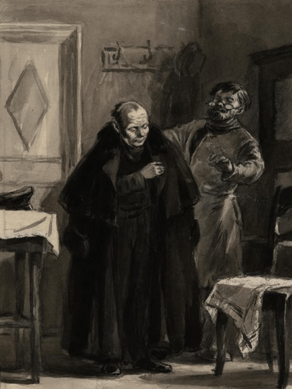 Лидия Подлясская. Примерка шинели. Иллюстрация к повести Николая Гоголя «Шинель». 1950-е. Институт русской литературы (Пушкинский Дом) Российской Академии наук, Санкт-Петербург