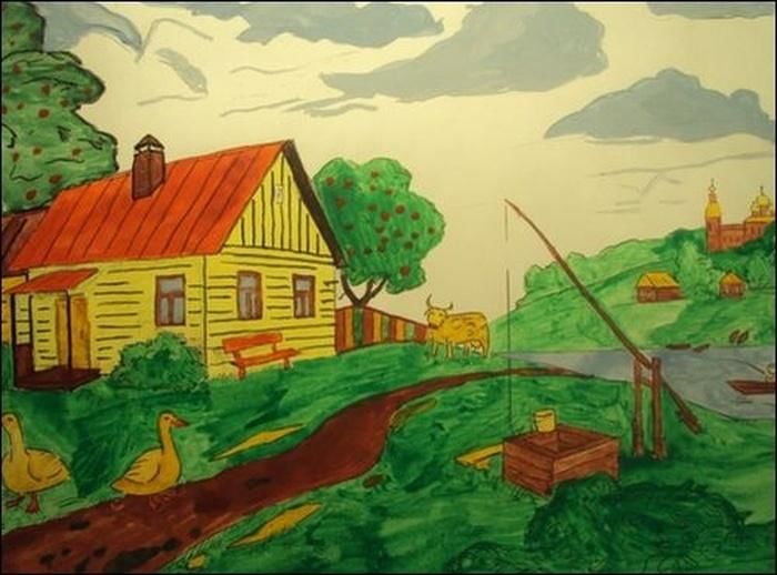 Рисунок деревенька моя