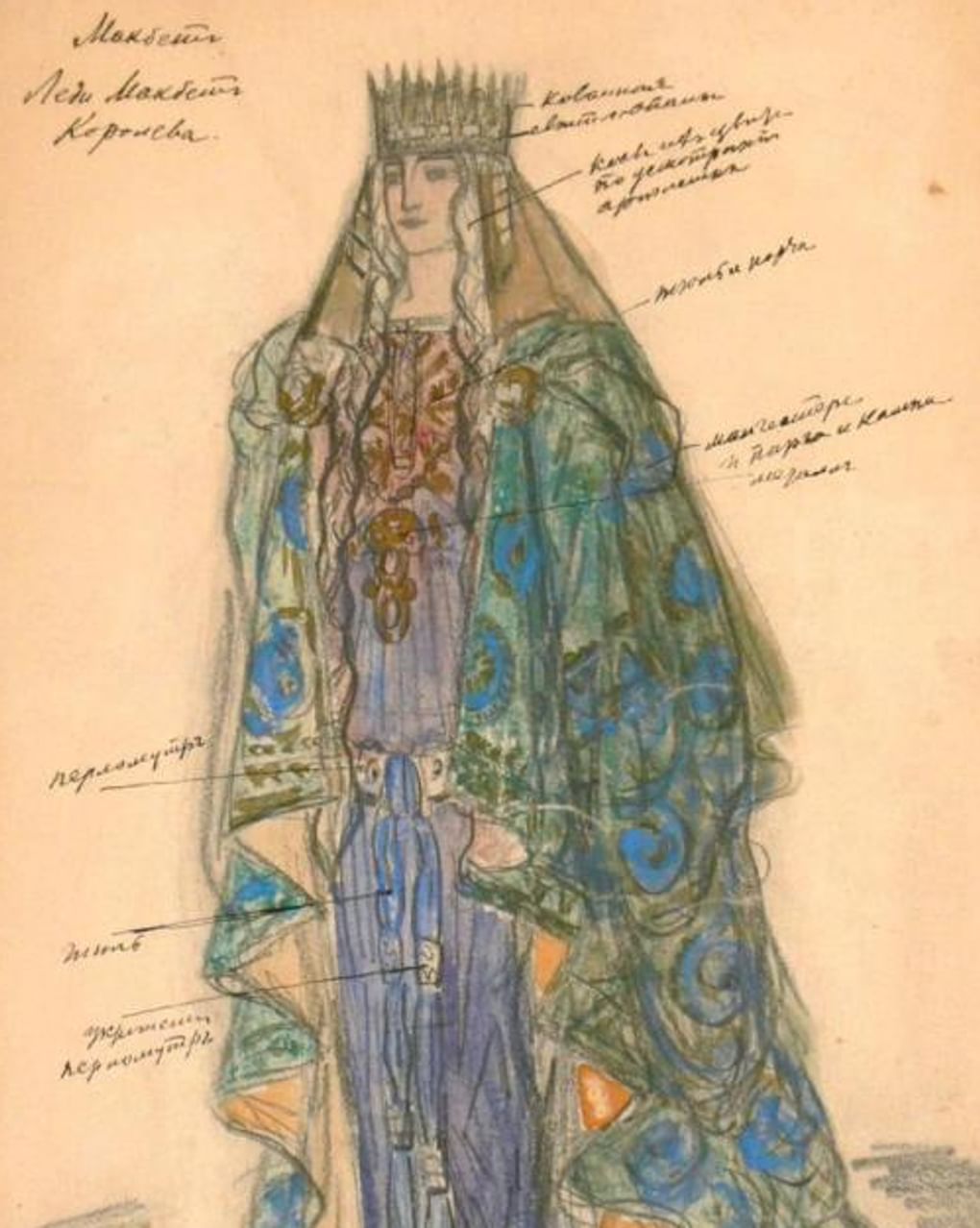 Константин Коровин. Коронационное платье леди Макбет (фрагмент). Эскиз женского костюма для Марии Ермоловой в спектакле Ивана Платона «Макбет». Императорский Малый театр, Москва. 1896. Государственный центральный театральный музей имени А.А. Бахрушина, Москва