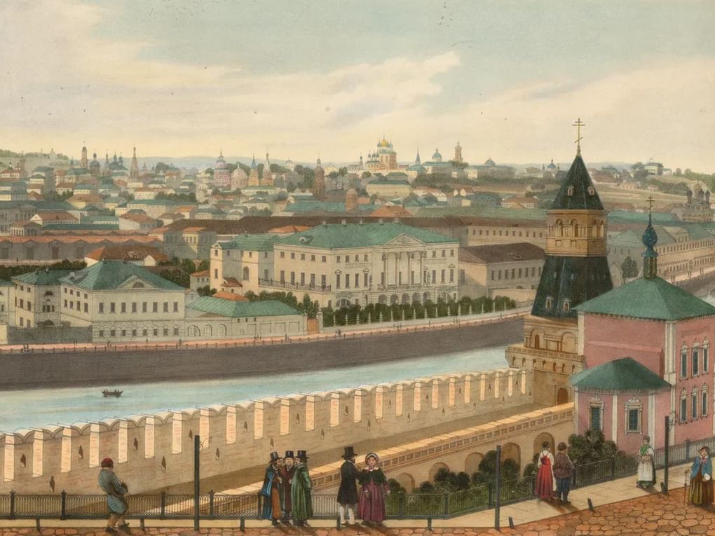 Дмитрий Индейцев. Вид части города, снятый с Кремлевской стены. Видна церковь Благовещения на Житном дворе в Кремле. Лист №7 из альбома «Панорама Кремля и Замоскворечья от Тайницкой башни». 1848. Президентская библиотека им. Б.Н. Ельцина, Санкт-Петербург