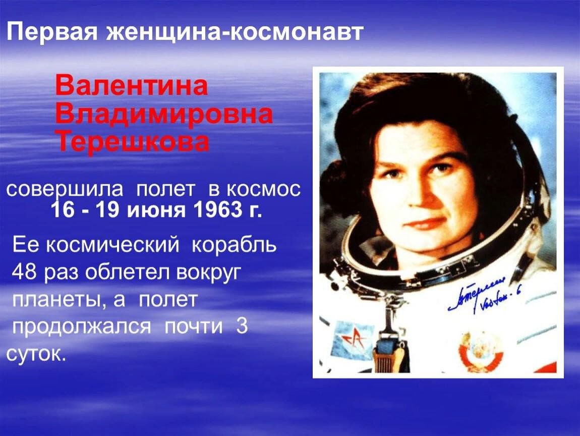 1 женщина в космосе год. Полет в космос первой женщины-Космонавта (в.в. Терешкова).
