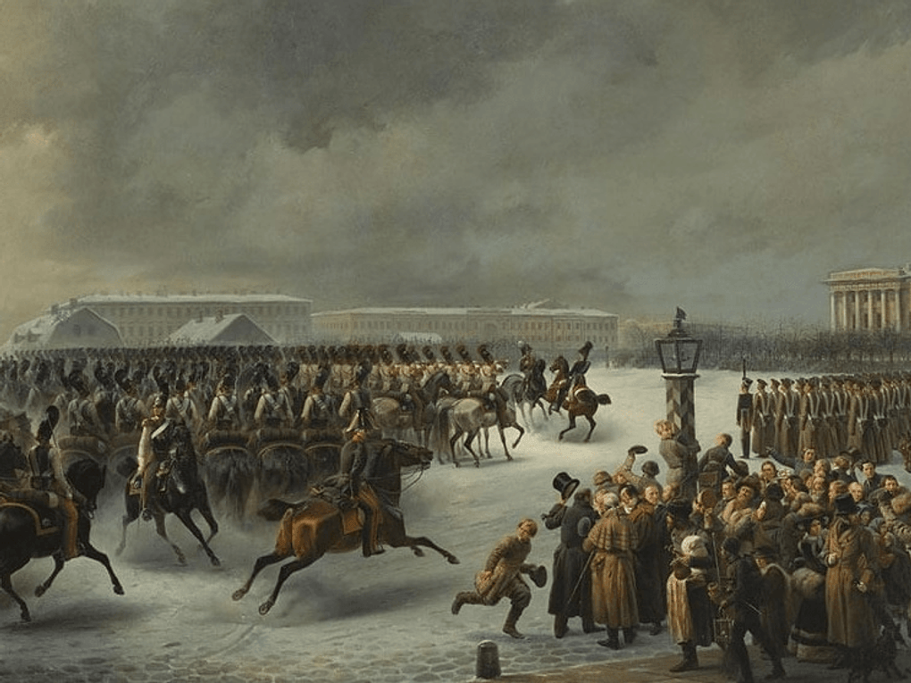 Василий Тимм. Лейб-гвардии Конный полк во время восстания 14 декабря 1825 года на Сенатской площади (фрагмент). 1853. Государственный Эрмитаж, Санкт-Петербург