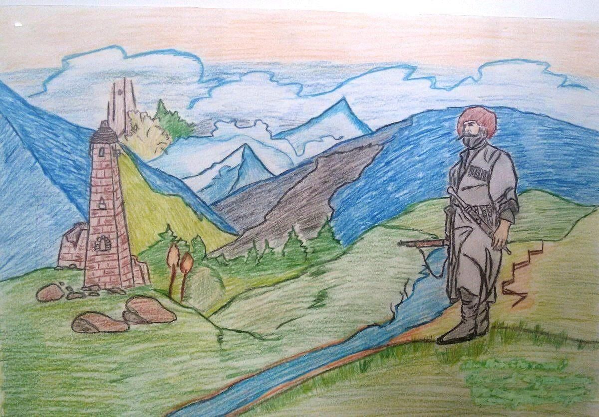 Тема произведения легкие горы. Рисунок на тему горы. Рисунок на тему мой Дагестан. Рисунок на историческую тему. Чеченские рисунки.