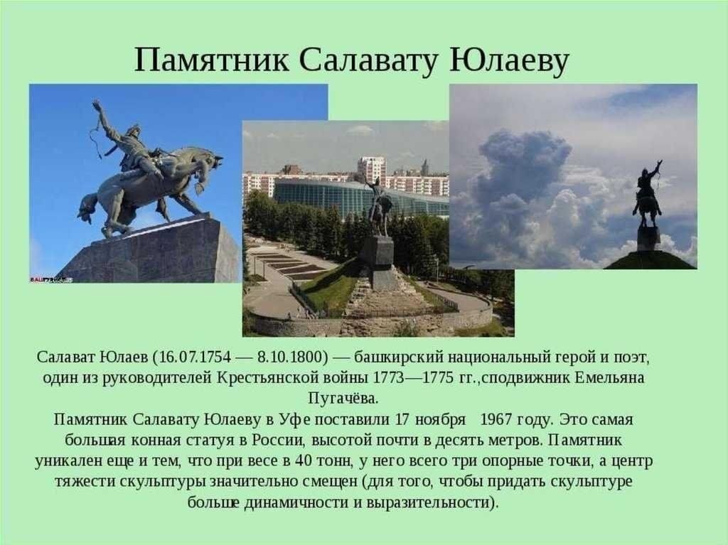Основатель города уфа. Салават Юлаев герой Башкортостана памятник. Город Уфа памятник Салавату Юлаеву. Семь чудес Башкортостана памятник Салавату Юлаеву. Сообщение о памятнике Салавате Юлаеве