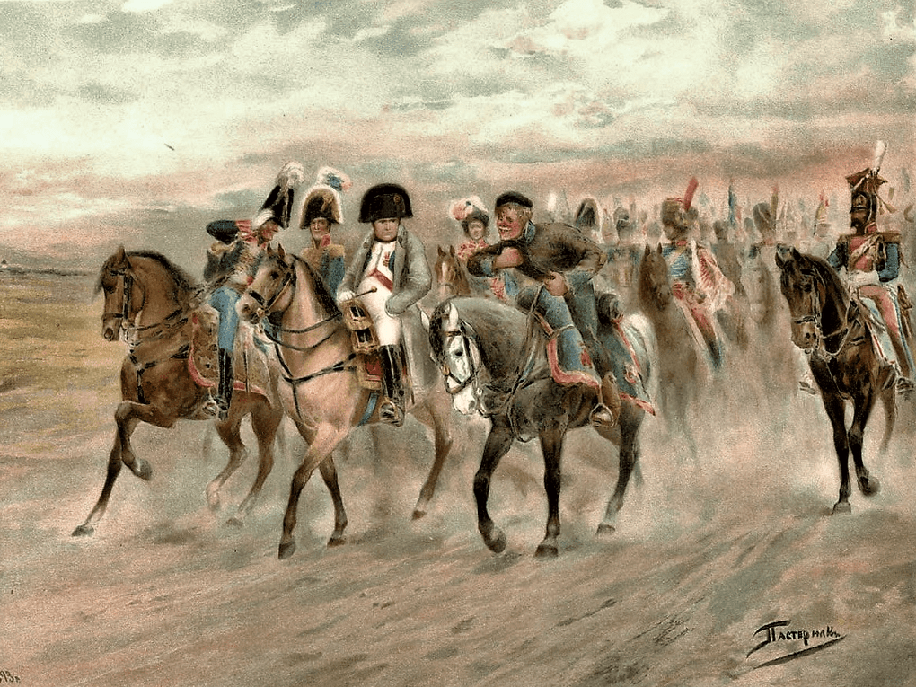 Леонид Пастернак. Наполеон и Лаврушка на переходе из Вязьмы к Цареву-Займищу (фрагмент). Иллюстрация к роману Льва Толстого «Война и мир». 1893. Частное собрание
