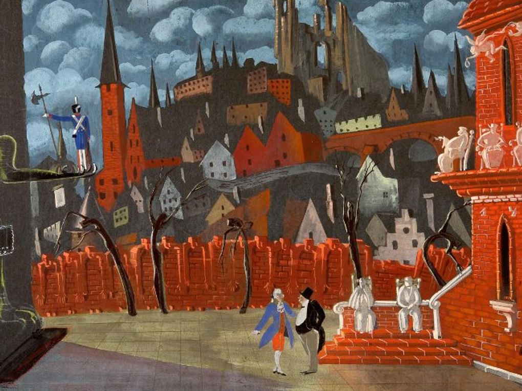 Николай Акимов. Эскиз декорации к спектаклю Николая Акимова «Дракон» (фрагмент). Ленинградский государственный театр комедии, Ленинград, 1944 год. Санкт-Петербургский государственный музей театрального и музыкального искусства, Санкт-Петербург