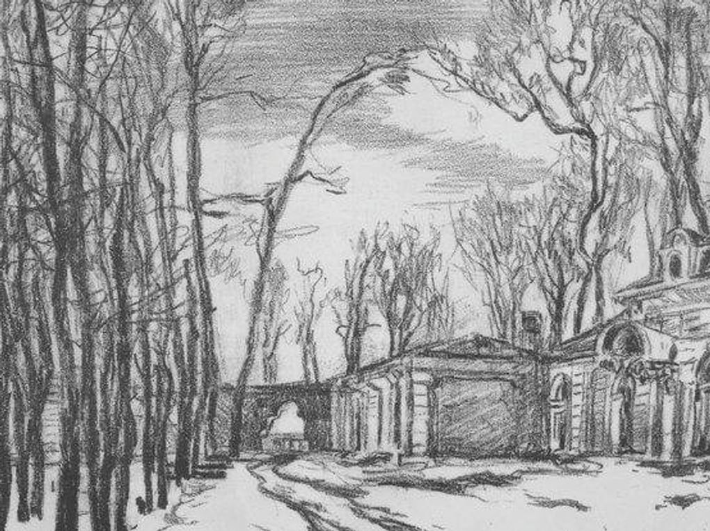 Адриан Каплун. Банный корпус Монплезира. Из альбома «По следам врага». 1944. Государственный музей-заповедник «Петергоф», Санкт-Петербург